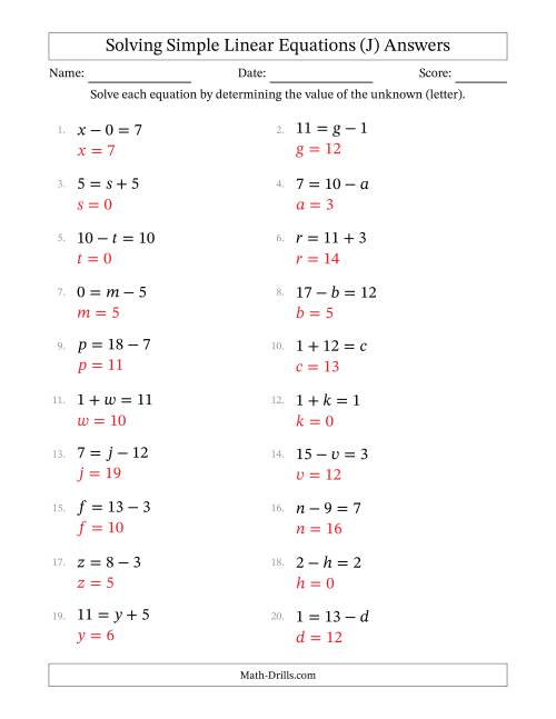 The Solving Simple Linear Equations with Letters as Unknowns (Addition and Subtraction; Range 0 to 12; Unknowns in Any Position) (J) Math Worksheet Page 2