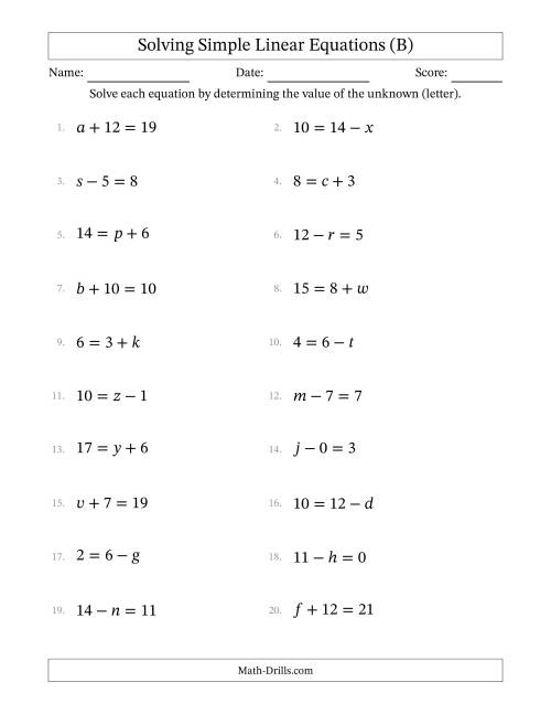 The Solving Simple Linear Equations with Letters as Unknowns (Addition and Subtraction; Range 0 to 12; Unknowns Never in Answer Position) (B) Math Worksheet