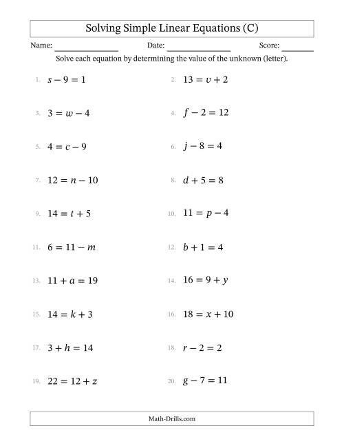 The Solving Simple Linear Equations with Letters as Unknowns (Addition and Subtraction; Range 0 to 12; Unknowns Never in Answer Position) (C) Math Worksheet