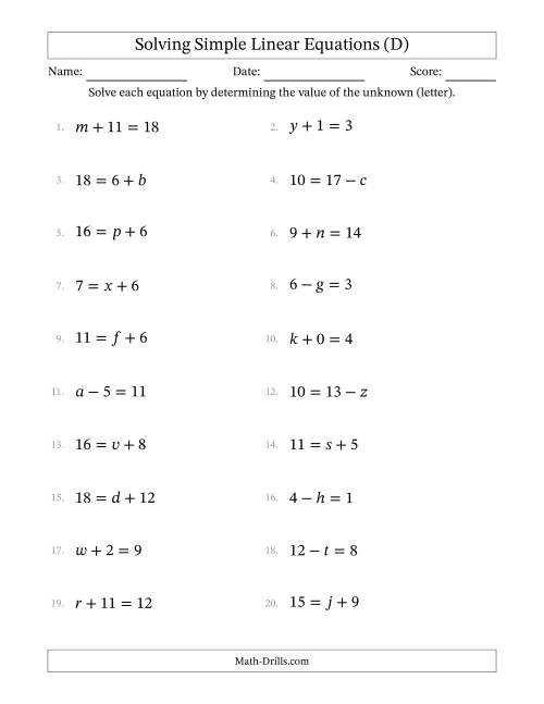 The Solving Simple Linear Equations with Letters as Unknowns (Addition and Subtraction; Range 0 to 12; Unknowns Never in Answer Position) (D) Math Worksheet