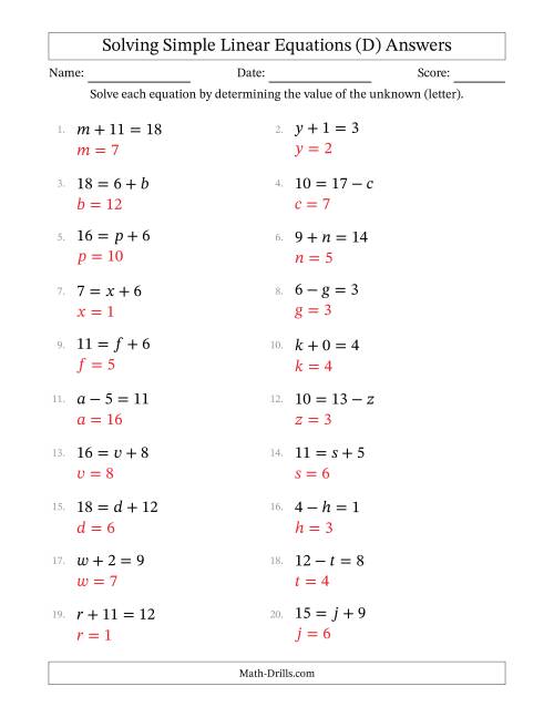 The Solving Simple Linear Equations with Letters as Unknowns (Addition and Subtraction; Range 0 to 12; Unknowns Never in Answer Position) (D) Math Worksheet Page 2