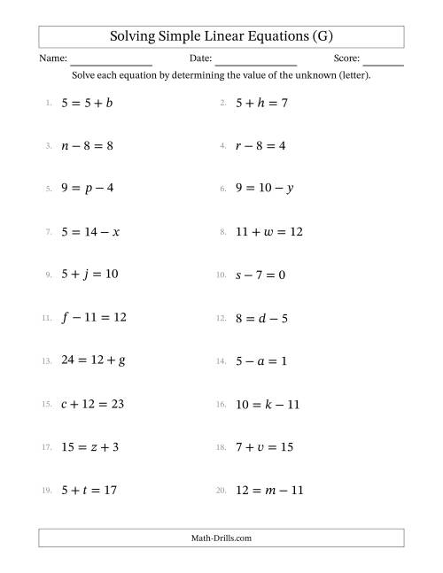 The Solving Simple Linear Equations with Letters as Unknowns (Addition and Subtraction; Range 0 to 12; Unknowns Never in Answer Position) (G) Math Worksheet