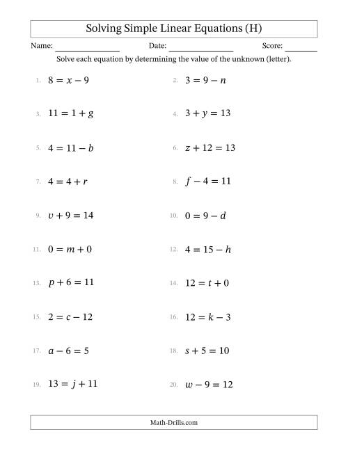 The Solving Simple Linear Equations with Letters as Unknowns (Addition and Subtraction; Range 0 to 12; Unknowns Never in Answer Position) (H) Math Worksheet