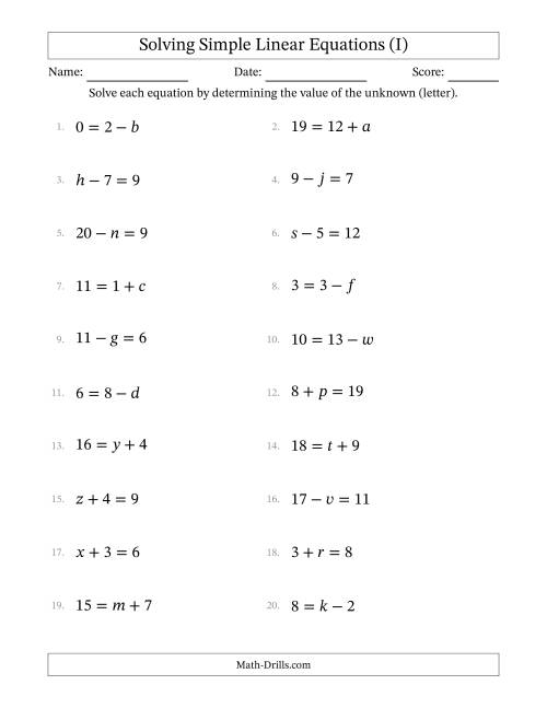 The Solving Simple Linear Equations with Letters as Unknowns (Addition and Subtraction; Range 0 to 12; Unknowns Never in Answer Position) (I) Math Worksheet