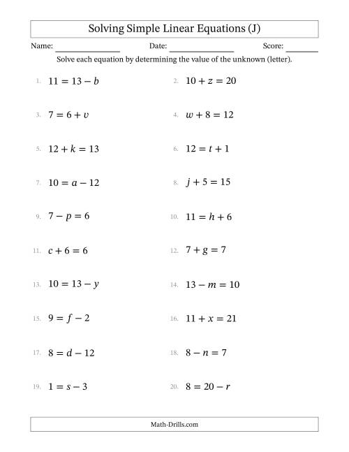 The Solving Simple Linear Equations with Letters as Unknowns (Addition and Subtraction; Range 0 to 12; Unknowns Never in Answer Position) (J) Math Worksheet