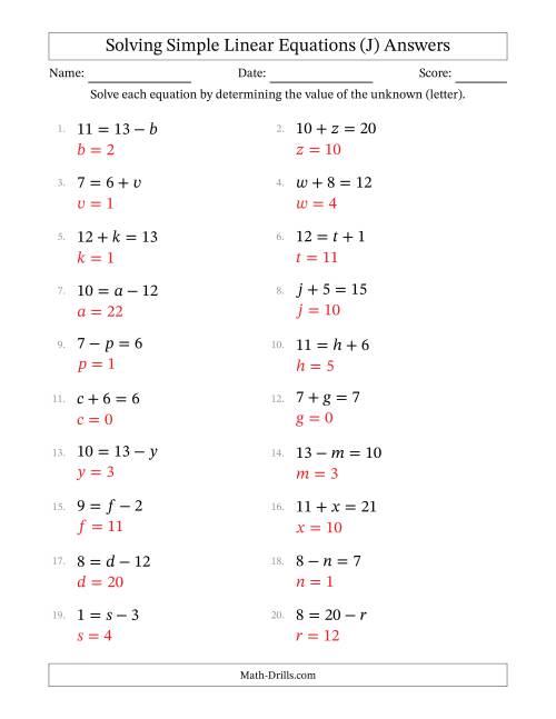 The Solving Simple Linear Equations with Letters as Unknowns (Addition and Subtraction; Range 0 to 12; Unknowns Never in Answer Position) (J) Math Worksheet Page 2