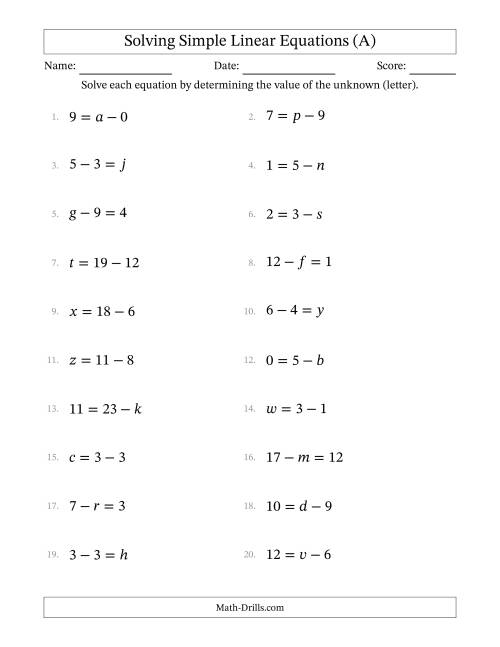 The Solving Simple Linear Equations with Letters as Unknowns (Subtraction Only; Range 0 to 12; Unknowns in Any Position) (A) Math Worksheet