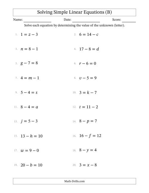 The Solving Simple Linear Equations with Letters as Unknowns (Subtraction Only; Range 0 to 12; Unknowns in Any Position) (B) Math Worksheet