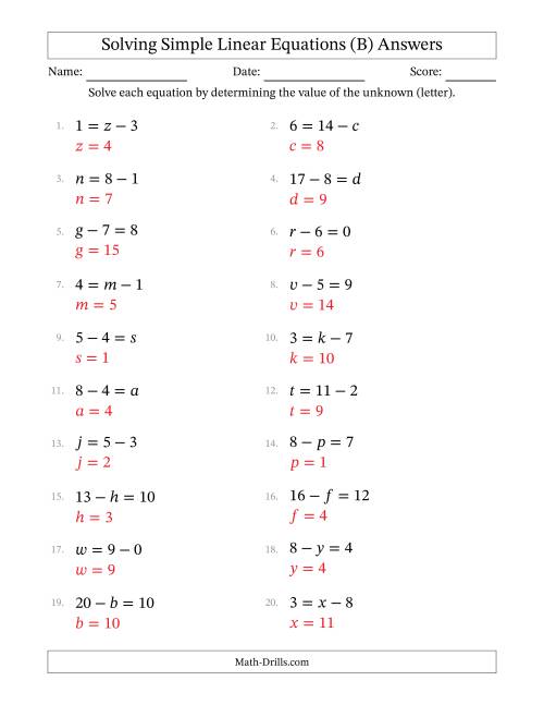 The Solving Simple Linear Equations with Letters as Unknowns (Subtraction Only; Range 0 to 12; Unknowns in Any Position) (B) Math Worksheet Page 2