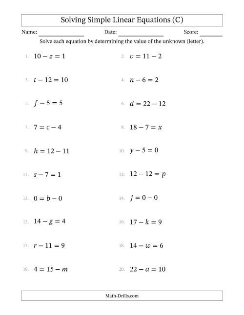 The Solving Simple Linear Equations with Letters as Unknowns (Subtraction Only; Range 0 to 12; Unknowns in Any Position) (C) Math Worksheet