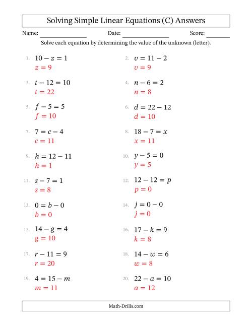 The Solving Simple Linear Equations with Letters as Unknowns (Subtraction Only; Range 0 to 12; Unknowns in Any Position) (C) Math Worksheet Page 2