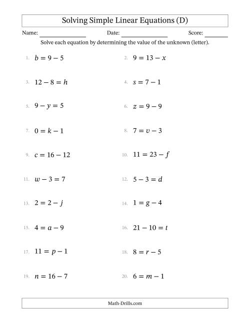 The Solving Simple Linear Equations with Letters as Unknowns (Subtraction Only; Range 0 to 12; Unknowns in Any Position) (D) Math Worksheet