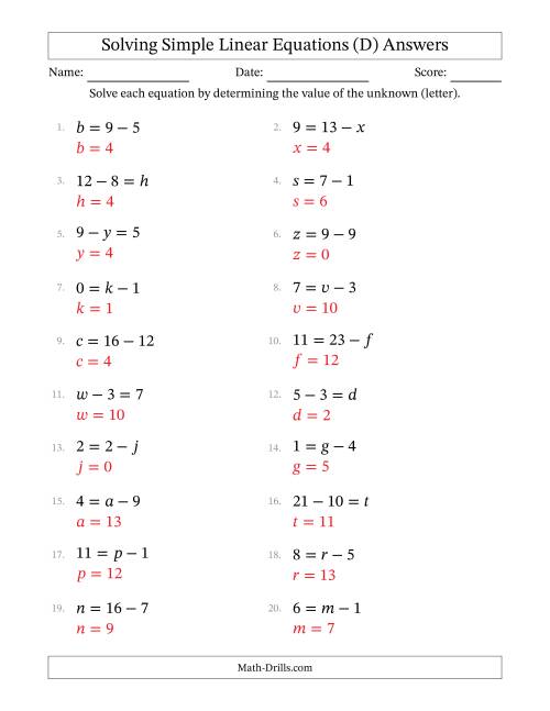 The Solving Simple Linear Equations with Letters as Unknowns (Subtraction Only; Range 0 to 12; Unknowns in Any Position) (D) Math Worksheet Page 2