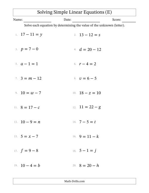 The Solving Simple Linear Equations with Letters as Unknowns (Subtraction Only; Range 0 to 12; Unknowns in Any Position) (E) Math Worksheet