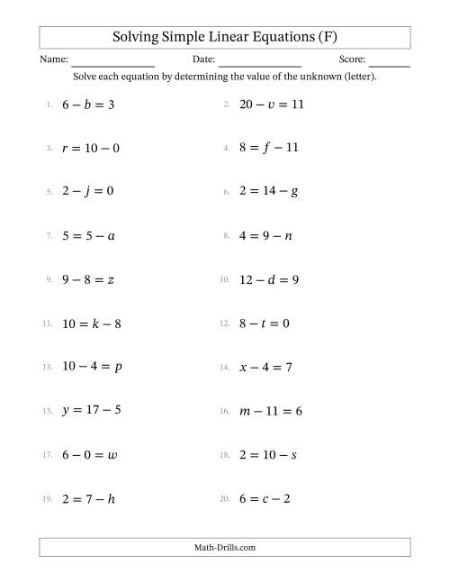 The Solving Simple Linear Equations with Letters as Unknowns (Subtraction Only; Range 0 to 12; Unknowns in Any Position) (F) Math Worksheet