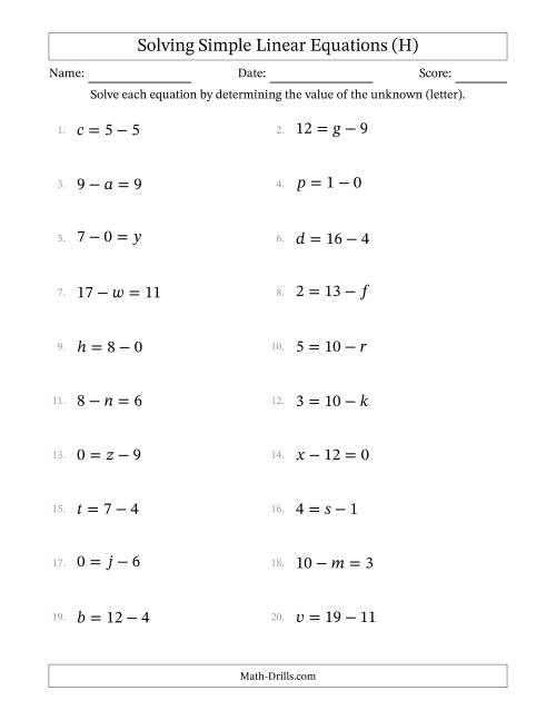 The Solving Simple Linear Equations with Letters as Unknowns (Subtraction Only; Range 0 to 12; Unknowns in Any Position) (H) Math Worksheet