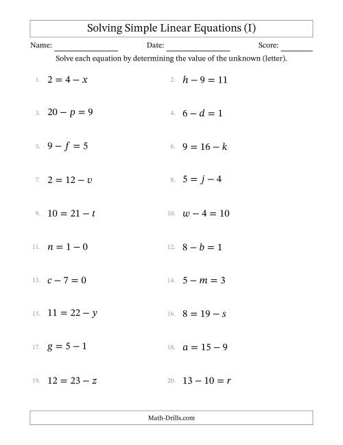 The Solving Simple Linear Equations with Letters as Unknowns (Subtraction Only; Range 0 to 12; Unknowns in Any Position) (I) Math Worksheet