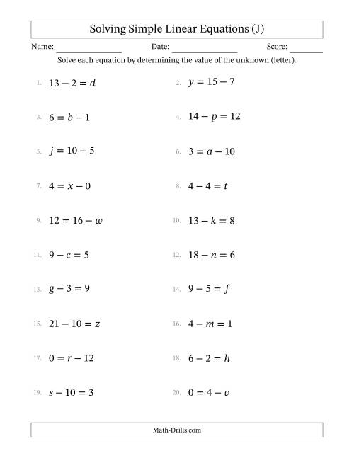 The Solving Simple Linear Equations with Letters as Unknowns (Subtraction Only; Range 0 to 12; Unknowns in Any Position) (J) Math Worksheet