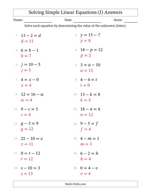 The Solving Simple Linear Equations with Letters as Unknowns (Subtraction Only; Range 0 to 12; Unknowns in Any Position) (J) Math Worksheet Page 2