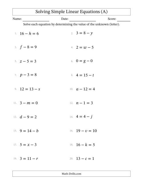 The Solving Simple Linear Equations with Letters as Unknowns (Subtraction Only; Range 0 to 12; Unknowns Never in Answer Position) (A) Math Worksheet