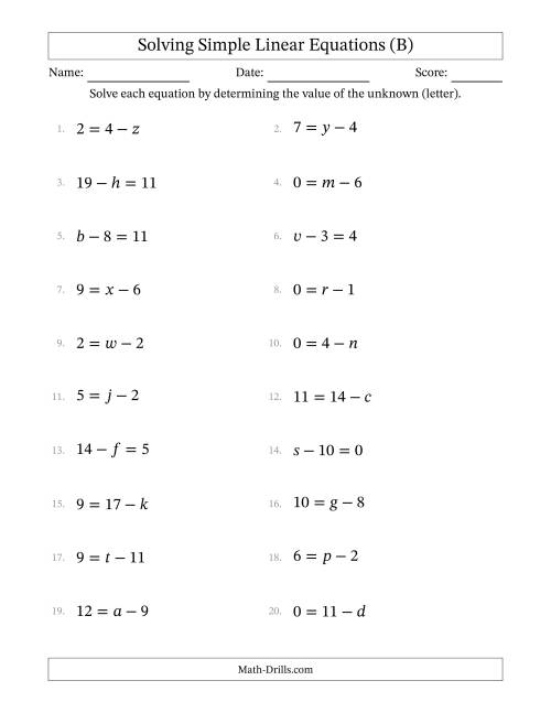 The Solving Simple Linear Equations with Letters as Unknowns (Subtraction Only; Range 0 to 12; Unknowns Never in Answer Position) (B) Math Worksheet