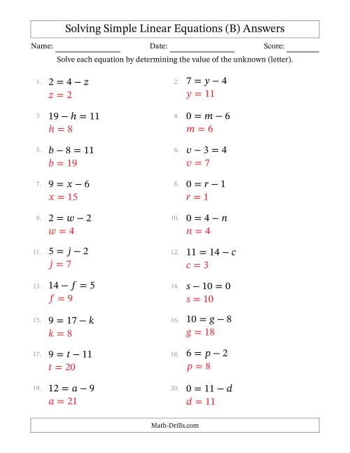 The Solving Simple Linear Equations with Letters as Unknowns (Subtraction Only; Range 0 to 12; Unknowns Never in Answer Position) (B) Math Worksheet Page 2