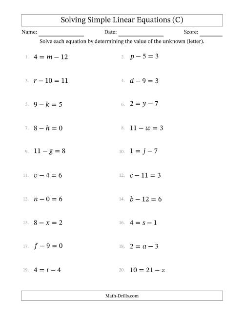 The Solving Simple Linear Equations with Letters as Unknowns (Subtraction Only; Range 0 to 12; Unknowns Never in Answer Position) (C) Math Worksheet