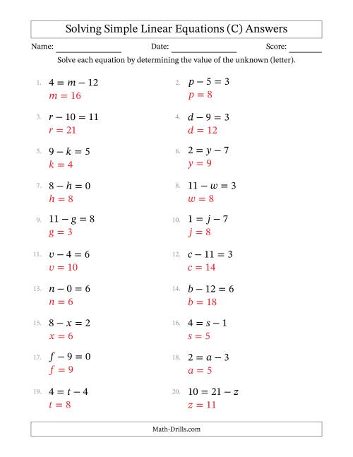 The Solving Simple Linear Equations with Letters as Unknowns (Subtraction Only; Range 0 to 12; Unknowns Never in Answer Position) (C) Math Worksheet Page 2