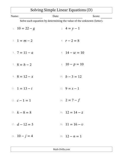 The Solving Simple Linear Equations with Letters as Unknowns (Subtraction Only; Range 0 to 12; Unknowns Never in Answer Position) (D) Math Worksheet