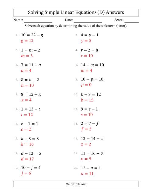 The Solving Simple Linear Equations with Letters as Unknowns (Subtraction Only; Range 0 to 12; Unknowns Never in Answer Position) (D) Math Worksheet Page 2