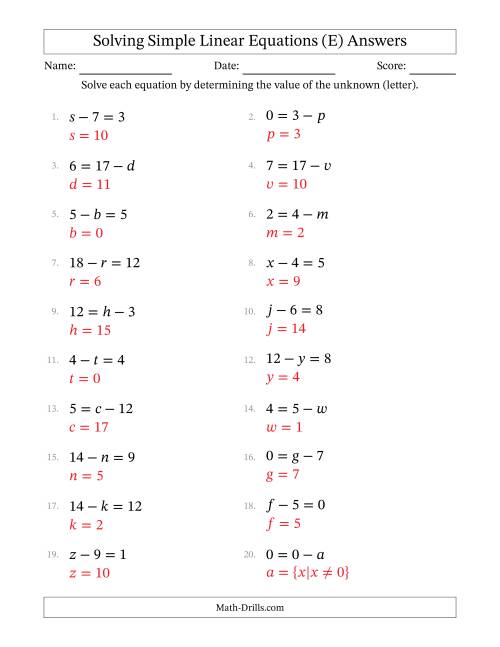 The Solving Simple Linear Equations with Letters as Unknowns (Subtraction Only; Range 0 to 12; Unknowns Never in Answer Position) (E) Math Worksheet Page 2