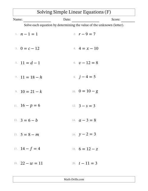 The Solving Simple Linear Equations with Letters as Unknowns (Subtraction Only; Range 0 to 12; Unknowns Never in Answer Position) (F) Math Worksheet