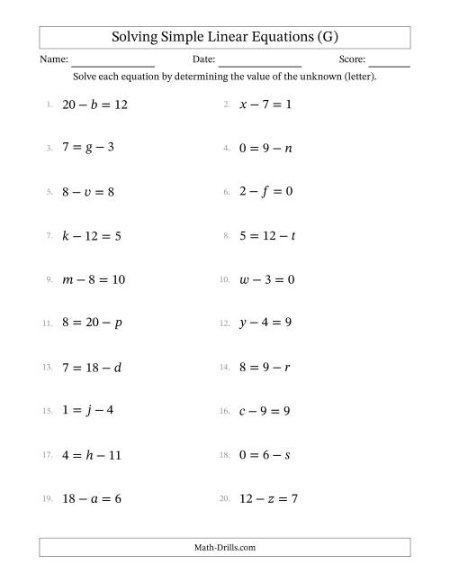 The Solving Simple Linear Equations with Letters as Unknowns (Subtraction Only; Range 0 to 12; Unknowns Never in Answer Position) (G) Math Worksheet