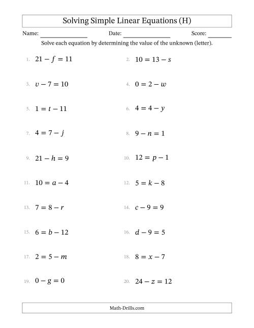 The Solving Simple Linear Equations with Letters as Unknowns (Subtraction Only; Range 0 to 12; Unknowns Never in Answer Position) (H) Math Worksheet