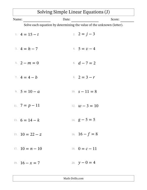 The Solving Simple Linear Equations with Letters as Unknowns (Subtraction Only; Range 0 to 12; Unknowns Never in Answer Position) (J) Math Worksheet