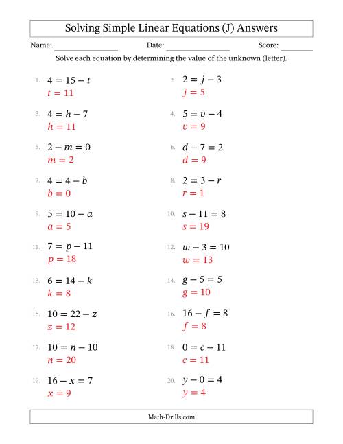 The Solving Simple Linear Equations with Letters as Unknowns (Subtraction Only; Range 0 to 12; Unknowns Never in Answer Position) (J) Math Worksheet Page 2