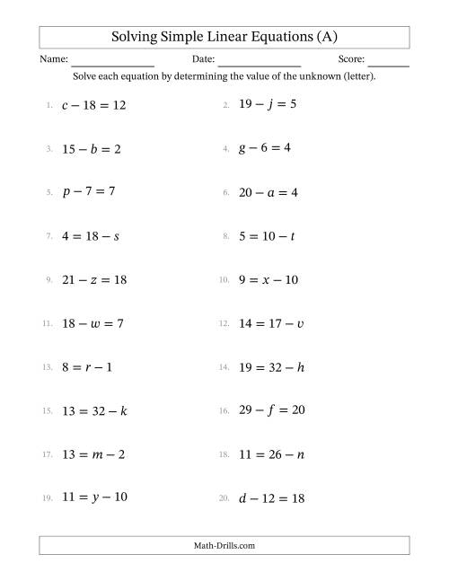 The Solving Simple Linear Equations with Letters as Unknowns (Subtraction Only; Range 1 to 20; Unknowns Never in Answer Position) (A) Math Worksheet