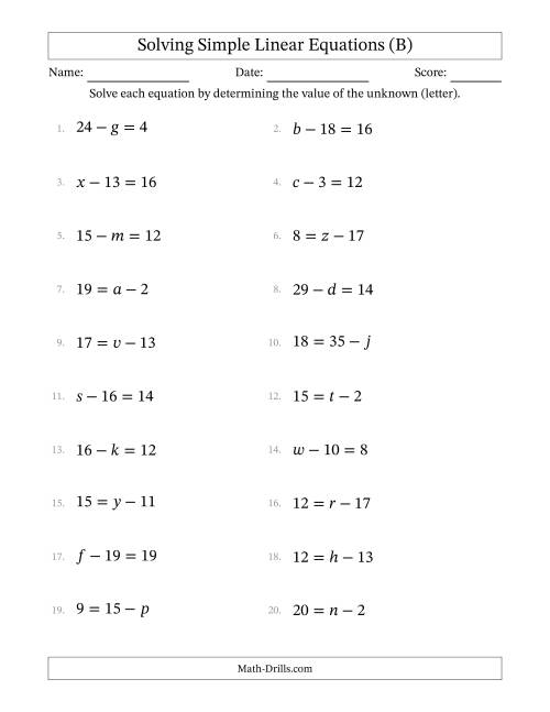 The Solving Simple Linear Equations with Letters as Unknowns (Subtraction Only; Range 1 to 20; Unknowns Never in Answer Position) (B) Math Worksheet