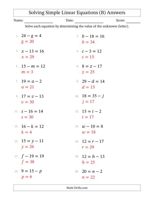 The Solving Simple Linear Equations with Letters as Unknowns (Subtraction Only; Range 1 to 20; Unknowns Never in Answer Position) (B) Math Worksheet Page 2