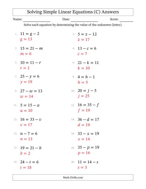 The Solving Simple Linear Equations with Letters as Unknowns (Subtraction Only; Range 1 to 20; Unknowns Never in Answer Position) (C) Math Worksheet Page 2