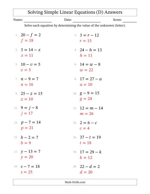 The Solving Simple Linear Equations with Letters as Unknowns (Subtraction Only; Range 1 to 20; Unknowns Never in Answer Position) (D) Math Worksheet Page 2