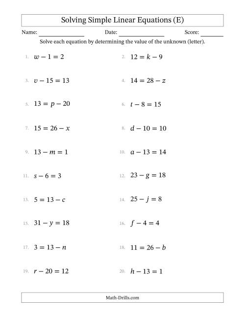 The Solving Simple Linear Equations with Letters as Unknowns (Subtraction Only; Range 1 to 20; Unknowns Never in Answer Position) (E) Math Worksheet