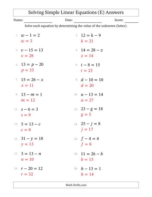 The Solving Simple Linear Equations with Letters as Unknowns (Subtraction Only; Range 1 to 20; Unknowns Never in Answer Position) (E) Math Worksheet Page 2