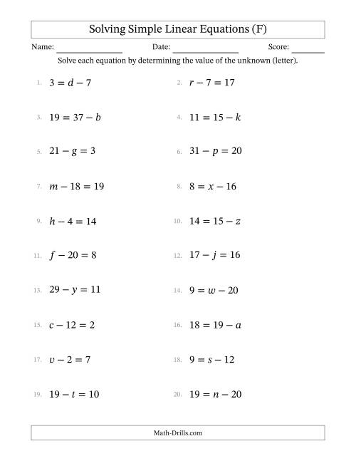 The Solving Simple Linear Equations with Letters as Unknowns (Subtraction Only; Range 1 to 20; Unknowns Never in Answer Position) (F) Math Worksheet