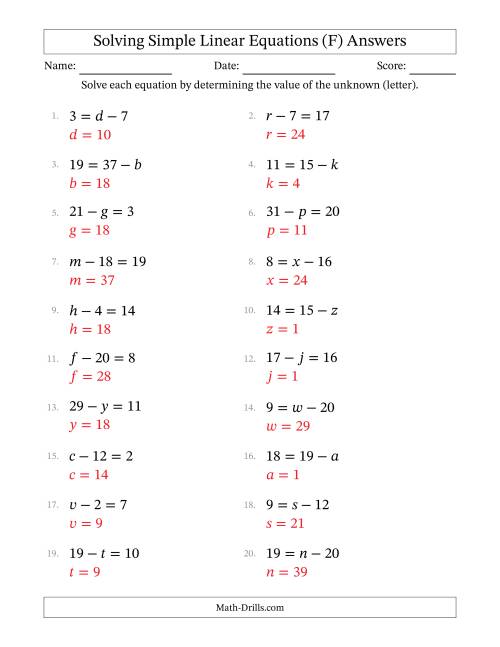 The Solving Simple Linear Equations with Letters as Unknowns (Subtraction Only; Range 1 to 20; Unknowns Never in Answer Position) (F) Math Worksheet Page 2