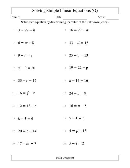 The Solving Simple Linear Equations with Letters as Unknowns (Subtraction Only; Range 1 to 20; Unknowns Never in Answer Position) (G) Math Worksheet