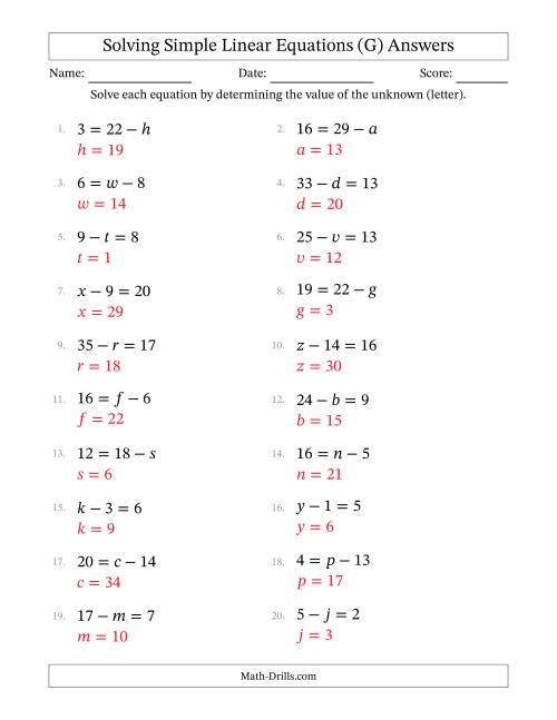 The Solving Simple Linear Equations with Letters as Unknowns (Subtraction Only; Range 1 to 20; Unknowns Never in Answer Position) (G) Math Worksheet Page 2