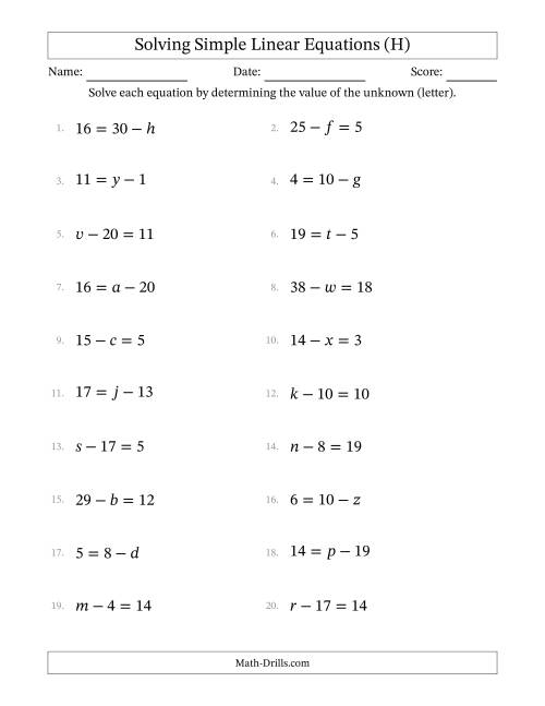 The Solving Simple Linear Equations with Letters as Unknowns (Subtraction Only; Range 1 to 20; Unknowns Never in Answer Position) (H) Math Worksheet