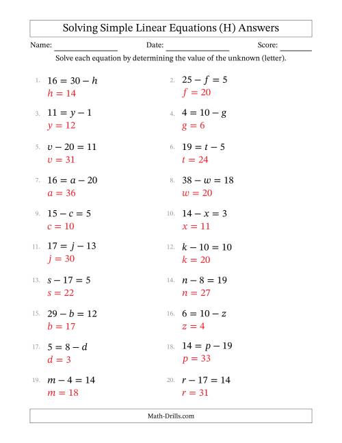 The Solving Simple Linear Equations with Letters as Unknowns (Subtraction Only; Range 1 to 20; Unknowns Never in Answer Position) (H) Math Worksheet Page 2