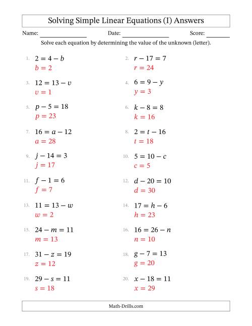 The Solving Simple Linear Equations with Letters as Unknowns (Subtraction Only; Range 1 to 20; Unknowns Never in Answer Position) (I) Math Worksheet Page 2